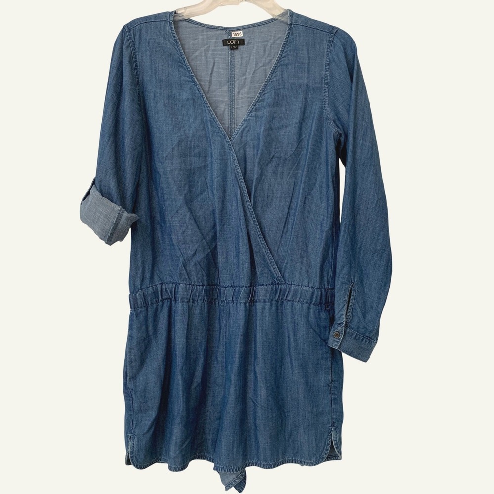 LOFT Romper Women's Size 4 Blue Chambray‎ Lyocell Wrap V-Neck Roll-Tab Sleeve